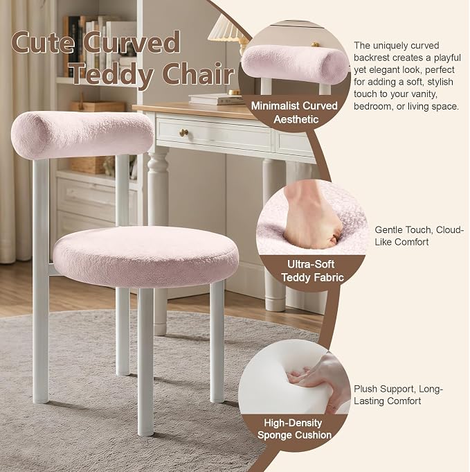 Cute Small Armless Desk Chair, Ergonomic Comfy Vanity Chairs Lumbar Support with Back for Makeup, Teddy Fabric Computer Desk Chair for Home, Bedroom, Vanity, Teens, Adults