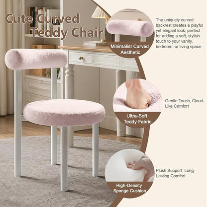Cute Small Armless Desk Chair, Ergonomic Comfy Vanity Chairs Lumbar Support with Back for Makeup, Teddy Fabric Computer Desk Chair for Home, Bedroom, Vanity, Teens, Adults