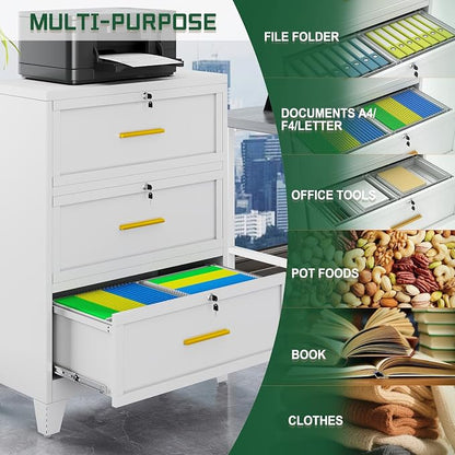erosoei 3 Drawer File Cabinet with Lock, Metal Lateral File Cabinets for Home Office, Steel Wide Filing Organization Storage Cabinets, Home Office Furniture for Hanging Files Letter/Legal/F4/A4 Size