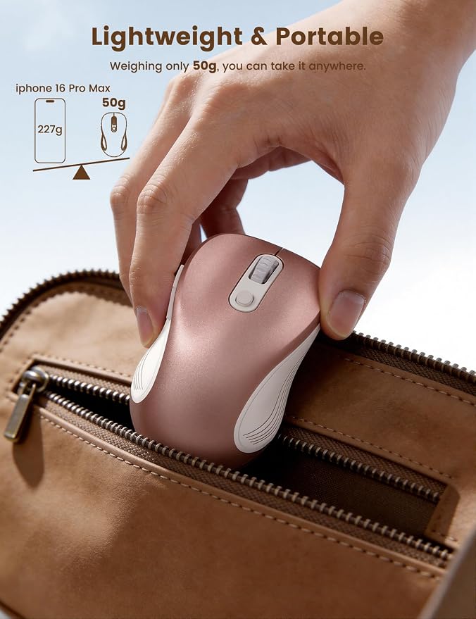 WisFox 2.4G Wireless Mouse for Laptop, Ergonomic Computer Mouse with USB Receiver and Type-C Adapter, 3 Adjustable Levels DPI, 6 Button Cordless Wireless Mice (Rose Gold)