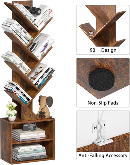 SHEEPAM 10 Tier Tree Bookshelf,Floor Standing Wood Tall Bookcase for Narrow Space, Storage Organizer Bookshelves for Books, Book Case for CDs/Movies/Books,Home Office,Living Room, Bedroom