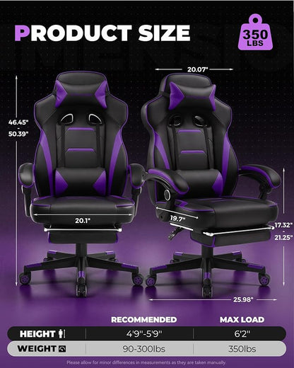 GTPLAYER Gaming Chair with Footrest, Big and Tall Game Chair 350lb Racing Style Computer Chair, Ergonomic Executive Office Chair High Back with Lumbar Support and Recliner, Purple
