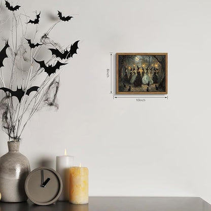 Framed Vintage Halloween Witches Wall Art, Dark Academia Gothic Black Cat Painting Canvas Prints, Halloween Wall Decor, Coven of Witches Dancing Scene Forest Poster for Living Room 8x10in