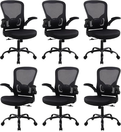 Flysky Mesh Office Chair, Ergonomic Computer Desk Chairs for Home Office - with Comfy/Comfortable Flip-up Arm Rests, Lumbar Support, Height Adjustable, 360 Degree Rolling Swivel (Black, 6 Pack)