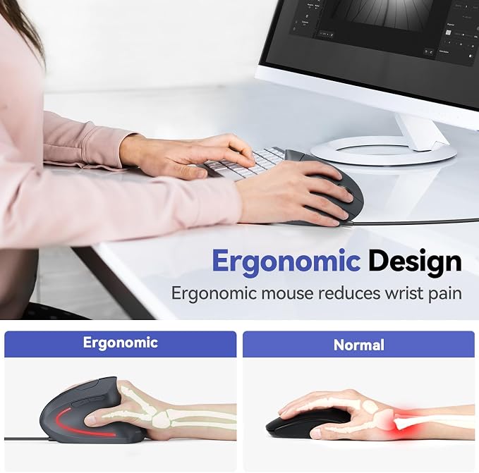 TECKNET Wired Mouse, 6400 DPI Ergonomic Mouse 6 Buttons Silent Mice 4 Adjustable DPI Vertical Mouse Compatible with Windows/Chrome/Laptop/Computer