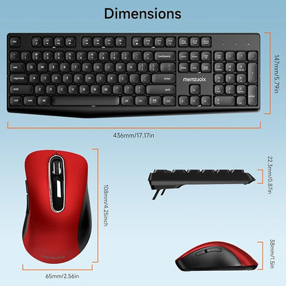 memzuoix Wireless Keyboard and Mouse Combo, 2.4G Full-Size Ergonomic Set with 1400 DPI Mouse, Lag-Free USB Receiver, 6-Month Battery Life for PC/Laptop/Windows/Mac (Black Keyboard + Red Mouse)