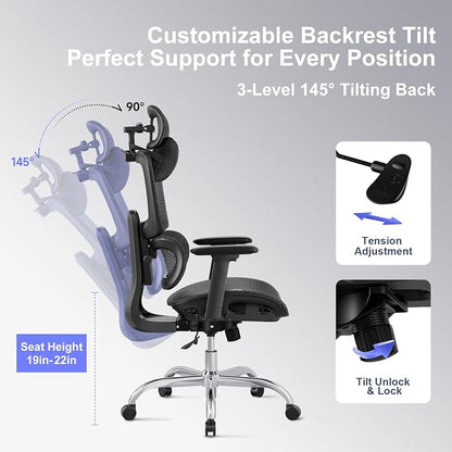 Ergonomic Office Chair with 3D Headrest, Computer Chair with Adjustable Backrest & 3D Armrest, Gaming Chair with Adaptive Lumbar Support, Mesh Backrest & Cushion, Black