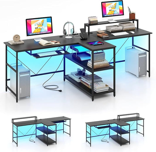 Tangkula 2-Person Reversible Computer Desk with LED Lights, 94.5” Long Office Desk with Power Outlets, Monitor Stand, Keyboard Tray & 2 Storage Shelves, Double Desk for Gaming Working Writing (Black)