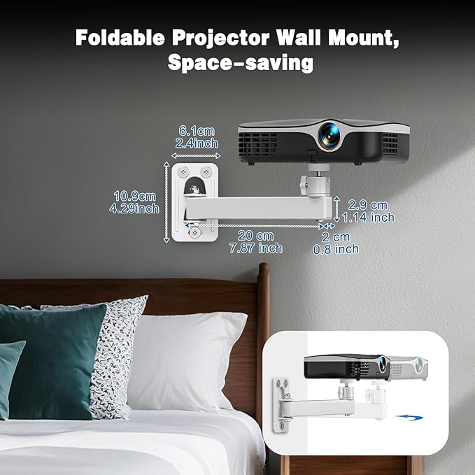 Projector Stand, Wall and Mini Ceiling Mount with 1/4-Inch Thread, 360-degree Rotation, Adjustable Tilt & Swivel, Foldable, Easy Setup Compatible with Most Projectors for Home, Office, White