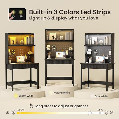 Lvifur 31.5" Small Natural Desk with - Glass Doors,Computer Desk w/Charging Station and LED Reading Lights,Compact Study Desk with Drawers,Writing Home Office Desks for Small Spaces Bedroom