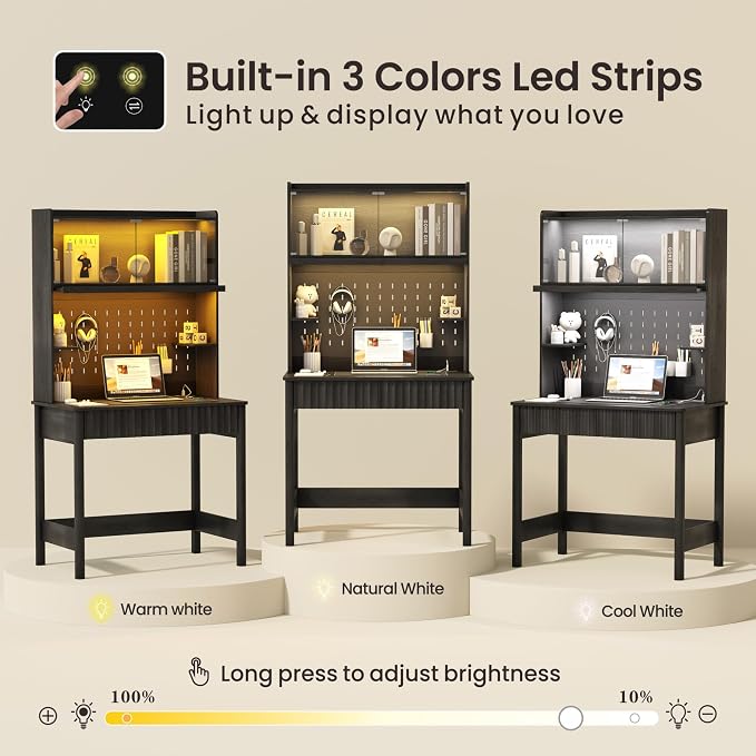 Lvifur 31.5" Small Study Desk with - Drawer & Hutch,Computer Desk with Charging Station,Compact Writing Desk with LED Reading Lights,Home Office Desks for Small Spaces,Bedroom Study Room,Black