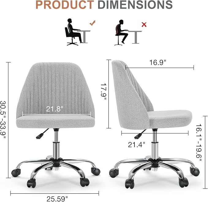 Sweetcrispy Armless Vanity Chair, Cute Comfy Home Office Desk Chair with Wheels, Modern Upholstered Task Computer Seat for Bedroom, Study, Makeup Vanity, Height Adjustable & Swivel, Classic Gray