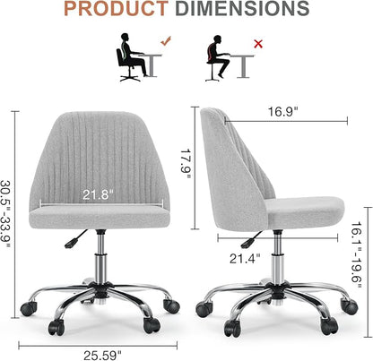 Sweetcrispy Armless Vanity Chair, Cute Comfy Home Office Desk Chair with Wheels, Modern Upholstered Task Computer Seat for Bedroom, Study, Makeup Vanity, Height Adjustable & Swivel, Classic Gray