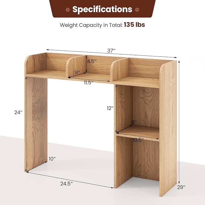 GOFLAME 5 Shelves Desktop Bookshelf, Wood Desk Hutch Dorm for Computer Desk, Countertop Display Rack, 3-Tier Desk Storage Organizer Shelf for Dormitory, Home Office, Study, Natural