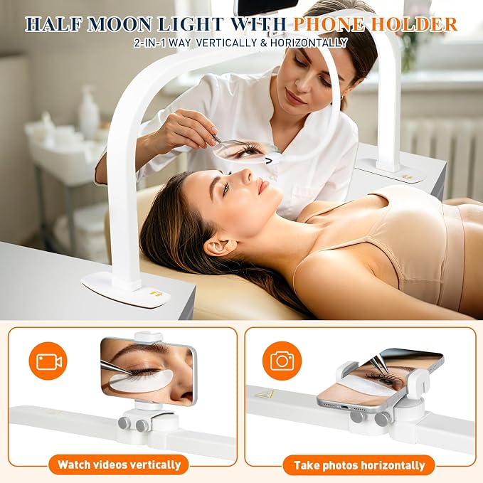 Half Moon Nail Desk Lamp with 5X Magnifier & Phone Holder, LED Arch Tech Light 30" Foldable for Manicure Eyelash Extensions Salon Craft Fingernail Art, 2700LM Multiple Brightness 3000-6000K