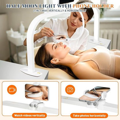 Half Moon Nail Desk Lamp with 5X Magnifier & Phone Holder, LED Arch Tech Light 30" Foldable for Manicure Eyelash Extensions Salon Craft Fingernail Art, 2700LM Multiple Brightness 3000-6000K