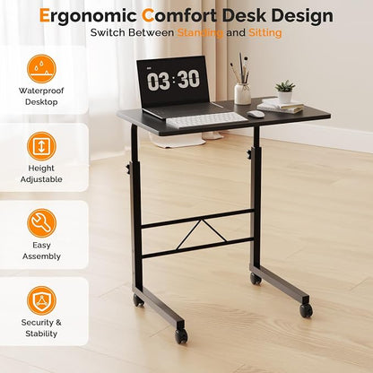 VINGLI Computer Workstation, Standing Desk Adjustable Height, Small Computer Desk w/Rolling, Sit Stand Laptop Desk TV Tray Computer Workstation for Bed Sofa Hospital Reading Eating, 23.6", Black