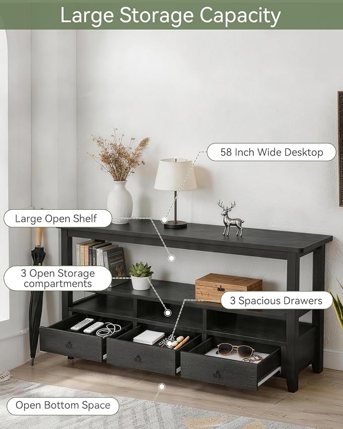 Karl home Console Table with 3 Bottom Drawers, 57.9" W Sofa Side Table Entryway Desk with 3 Storage Cubbies 1 Open Shelf, Vintage TV Stand for Hallway Living Room Office, Black 29.9" H