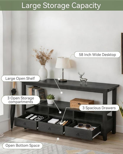 Karl home Console Table with 3 Bottom Drawers, 57.9" W Sofa Side Table Entryway Desk with 3 Storage Cubbies 1 Open Shelf, Vintage TV Stand for Hallway Living Room Office, Black 29.9" H