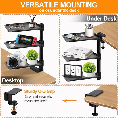 3 Tier Clamp On Desk Shelf,360° Rotatable Adjustable Above or Under Desktop Organizer,Carbon Steel Storage Tray for Home Office and Gaming Accessories（Black）