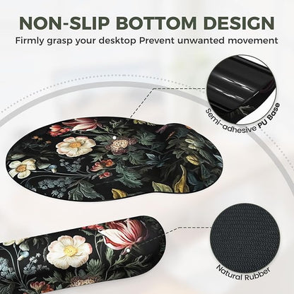 iCasso Desk Cover Mat, 4in1 Floral Large Mouse Pad with Wrist Rest, Desk Matt for Desktop, Anti-Slip XXL Big Computer Ergonomic Mousepad with Wrist Support for Keyboard and Mouse (Elegant Flowers)