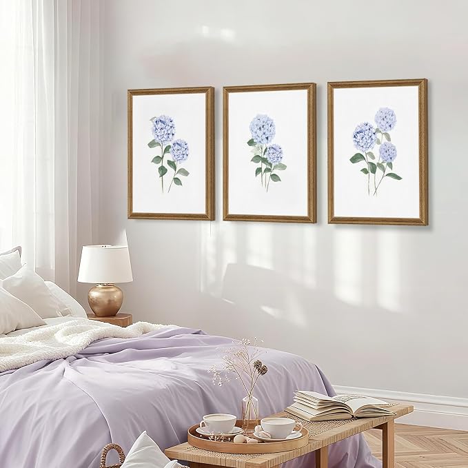 WRFON Blue Hydrangea Framed Wall Art Set of 3, Watercolor Floral Botanical Canvas Prints, Minimalist Flower Wall Decor for Dining Room Living Room Bedroom, Wood Frame 12x16 Inch