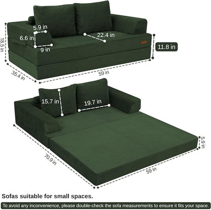 COMAX Futon Sofa Bed, Convertible Folding Sofa Bed, Boneless Couch Loveseat Corduroy with Pillows, Small Foldable Floor Couch Comfy Lounge Sleeper for Living Room Bedroom, Green