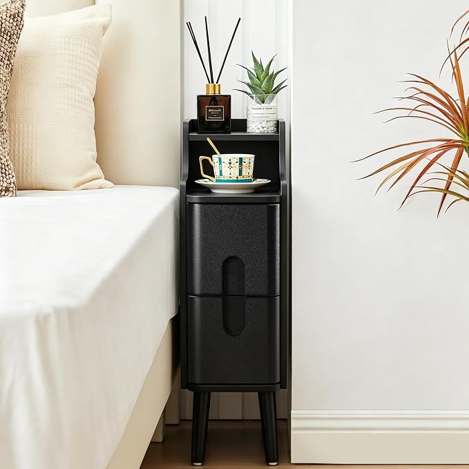 Black Narrow Nightstand, Wood 2 Drawer Small Nightstand, Slim Side Table, Modern Skinny End Bedside Table, Wood Night Stand with Drawers for Bedroom (Black-1 pc)