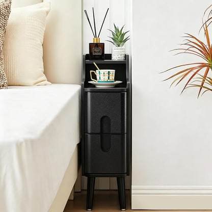 Black Narrow Nightstand, Wood 2 Drawer Small Nightstand, Slim Side Table, Modern Skinny End Bedside Table, Wood Night Stand with Drawers for Bedroom (Black-1 pc)