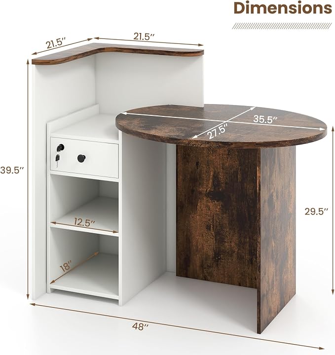 Giantex Reception Desk, Front Counter Desk with Lockable Drawer, Checkout Table with Round Tabletop, Corner Shelf & Adjustable Shelf for Office Beauty Salon Retail Store (White & Brown)