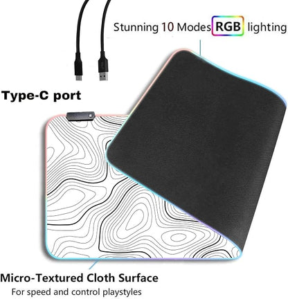 RGB Mouse Pad LED Desk Mat Large Gaming Mousepad White with Black Topographic Line Design, Keyboard Pad XL Mouse Mat for Home and Office(White with Black Topographic Line)