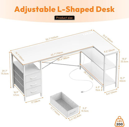 Alpen L Shaped Computer Desk, 55 Inch Corner Desk with Drawers and Power Outlets, Home Office Desk for Gaming, Study Writing PC Table with Storage and Reversible Shelf, White