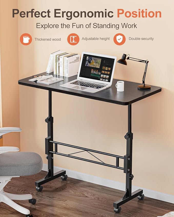 Amztabler Small Standing Desk Adjustable Height, Mobile Stand Up Desk with Wheels, 32 Inch Portable Rolling Desks Conference Room Tablesf for Walking Pad Treadmill Black