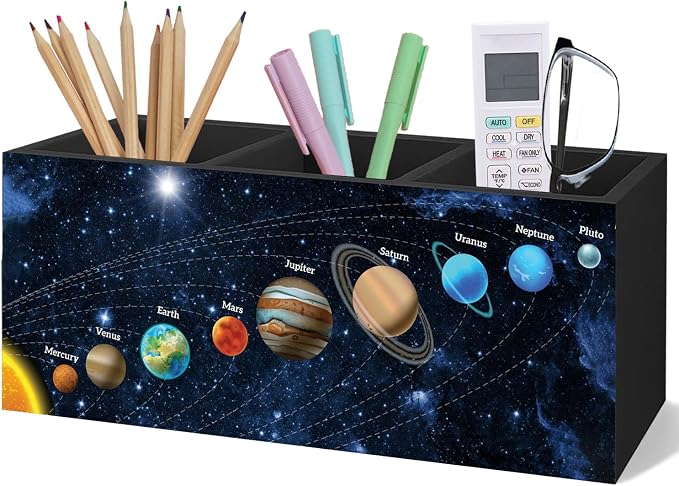 Outer Space Decor Wooden Pen Pencil Holder for Desk, Black Space Themed Bedroom Decor Gift for Kids Men, The Solar System Wood Makeup Brush Toothbrush Holder Organizer for Library Bedroom