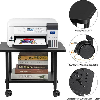 Under Desk Printer Stand - 2-Tier Industrial Mobile Printer Table with Storage Shelf, Heavy Duty Wood Rolling Printer Cart with Wheels for Home and Office,Classic Black