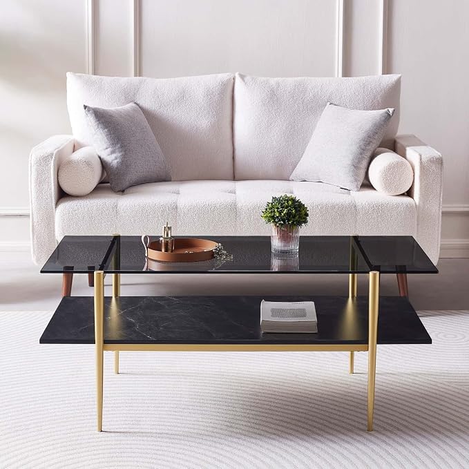LumFurn Rectangle Coffee Table for Living Room, Mid-Century Modern Design, L41 x W21 x H17, 2-Tier Structure, Clear Glass Top and Black Marble Wood Shelf, Conical Metal Legs with Gold Finish