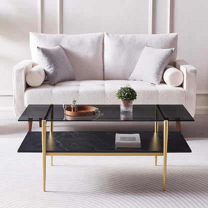 LumFurn Rectangle Coffee Table for Living Room, Mid-Century Modern Design, L41 x W21 x H17, 2-Tier Structure, Clear Glass Top and Black Marble Wood Shelf, Conical Metal Legs with Gold Finish