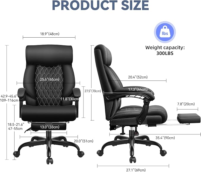 Office Chair, Big and Tall Office Desk Chair, Reclining Office Chair with Footrest Home Office Desk Chairs, High Back Ergonomic with Lumbar Support, Executive Leather