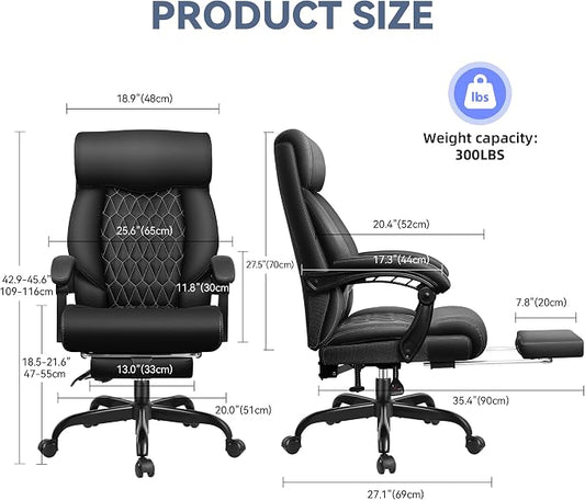 Office Chair, Big and Tall Office Desk Chair, Reclining Office Chair with Footrest Home Office Desk Chairs, High Back Ergonomic with Lumbar Support, Executive Leather