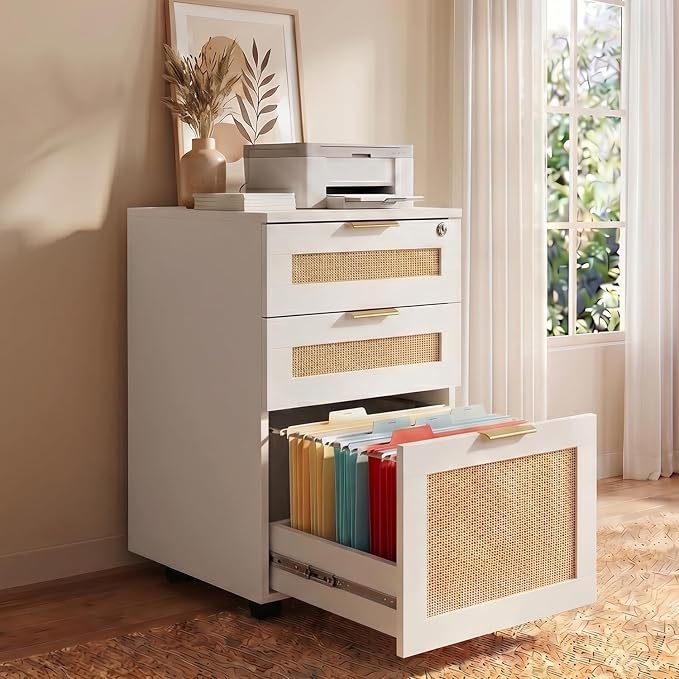 HOPUBUY 3 Drawer File Cabinet with Lock, Small Rattan Filing Cabinets with Wheels, Wood Rolling Office Storage for Under Desk Home Office,White