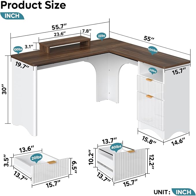 Bestier L Shaped Desk with File Drawer, 55.7" x 55" Office Computer Desk with Round Corners, Modern Desk with Monitor Stand & Fluted Panels for Home Office, White & Walnut
