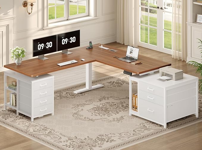 SEDETA L Shaped Electric Standing Desk with 7 Drawers, 63"×55.1" Height Adjustable Stand Up Desk with Power Outlets, 28.3"-47.2" Sit Stand Desk with Storage Shelves, 3 Memory Presets, White + Brown