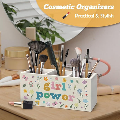 Boho Girl Power Pen Holder Organizer for Desk Accessories, Girls Room Decor, Inspirational Wildflower Wooden Box Sign Desk Decorations for Girls Room Bedroom Dorm Classroom Decor