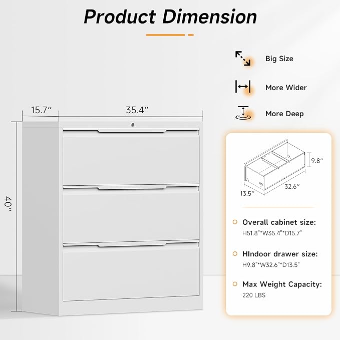 Bestoo 3 Drawer File Cabinet with Lock, File Cabinet, Metal Lateral Filing Cabinet, File Cabinets for Home Office, Office Cabinet for Hanging Files Letter/Legal/F4/A4 Size