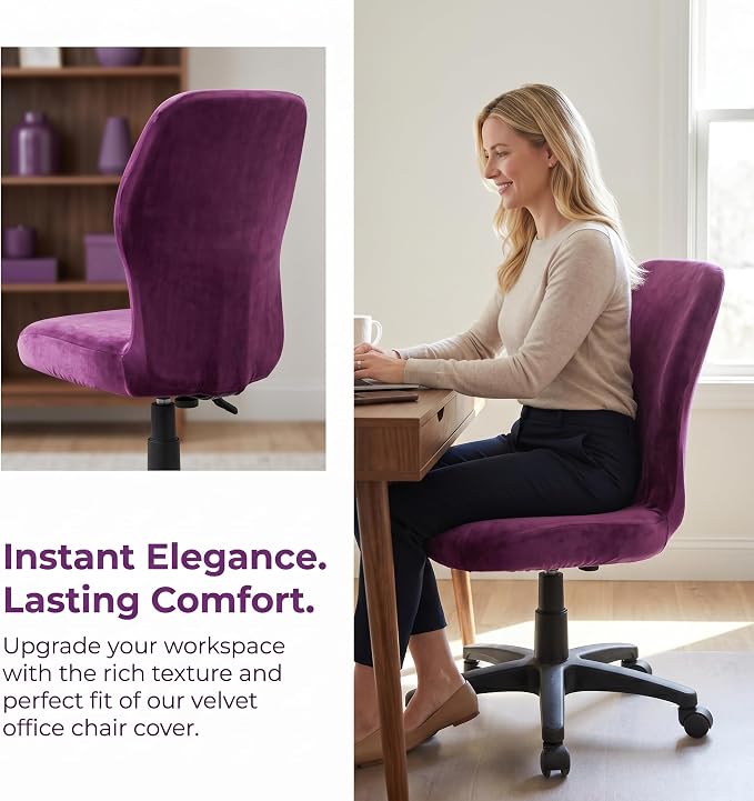 Deisy Dee Velvet Stretch Armless Office Chair Covers - Colorful Stretch Slipcover for Desk Chairs (Purple)