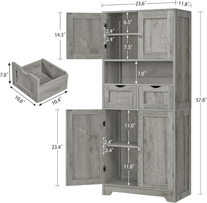 Iwell Tall Storage Cabinet with Adjustable Shelf, Bathroom Cabinet with 2 Drawers, Linen Cabinet for Living Room, Grey