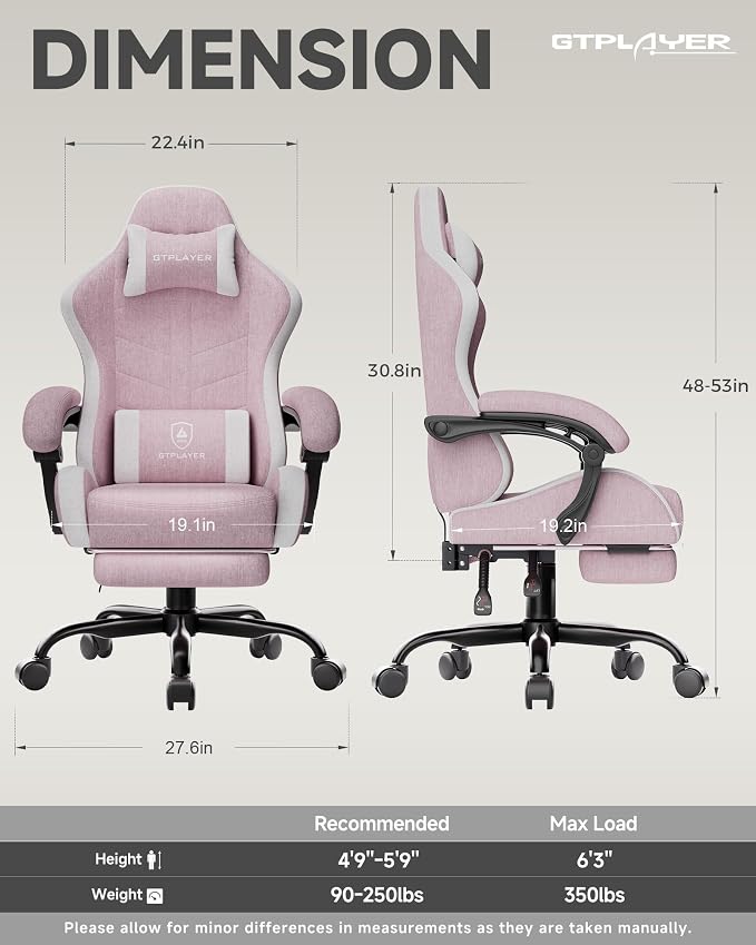 GTPLAYER Gaming Chair with Footrest, Computer Gaming Chair for Adults, Height Adjustable Gamer Chair with 90-155° Recline & Removable Headrest Lumbar Support,Linen Fabric Pink