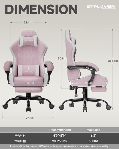 GTPLAYER Gaming Chair with Footrest, Computer Gaming Chair for Adults, Height Adjustable Gamer Chair with 90-155° Recline & Removable Headrest Lumbar Support,Linen Fabric Pink
