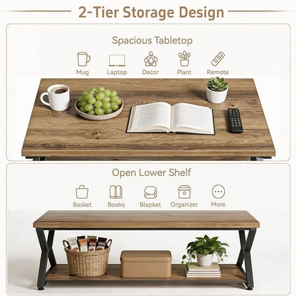 MILEFA2 Tier Coffee Table, Farmhouse CenterTable with Storage, Wood and Metal Living RoomTable for Home Office Bedroom, Rustic Brown,47Inch