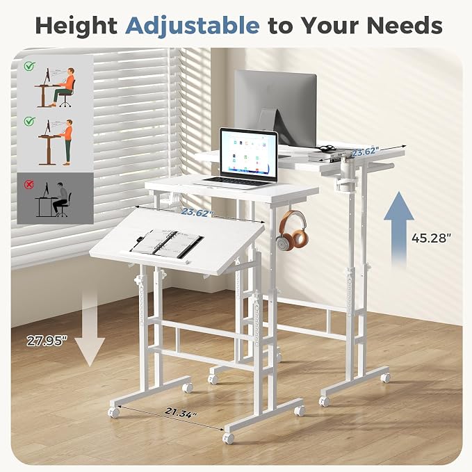 DUMOS Split Top Rolling Standing Desk 23.6 Inch Mobile Laptop Workstation Manual Height Adjustable Sit Stand Office Table Walking Pad Study Surface Portable Home Office Computer Cart White